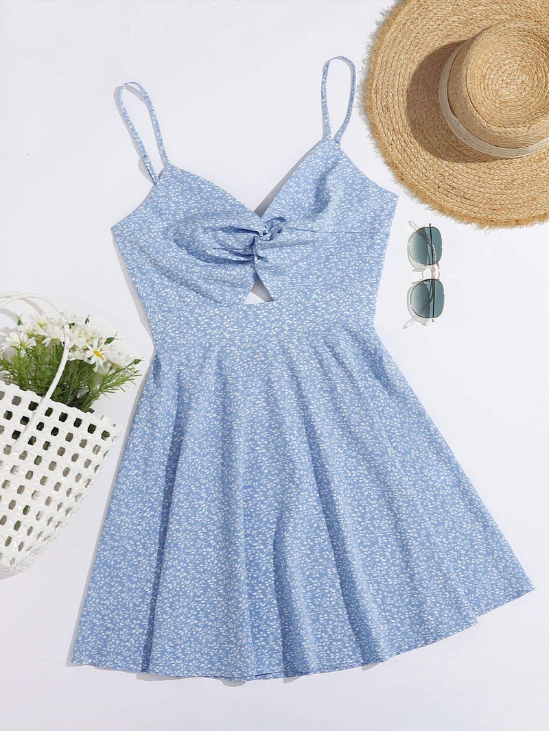 Floerns Women's Boho Floral Print Twist Front Cami A Line Mini Dress Bonnie Blue XL - Image 3